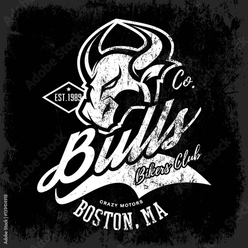 Vintage American furious bull bikers club tee print vector design isolated on dark background.  Premium quality wild animal superior logo concept illustration.