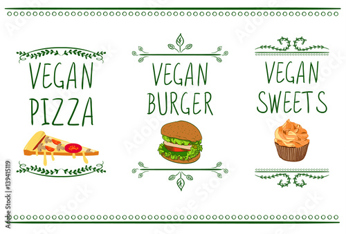 Hand drawn VECTOR menu icons  vegan pizza  burger and sweets