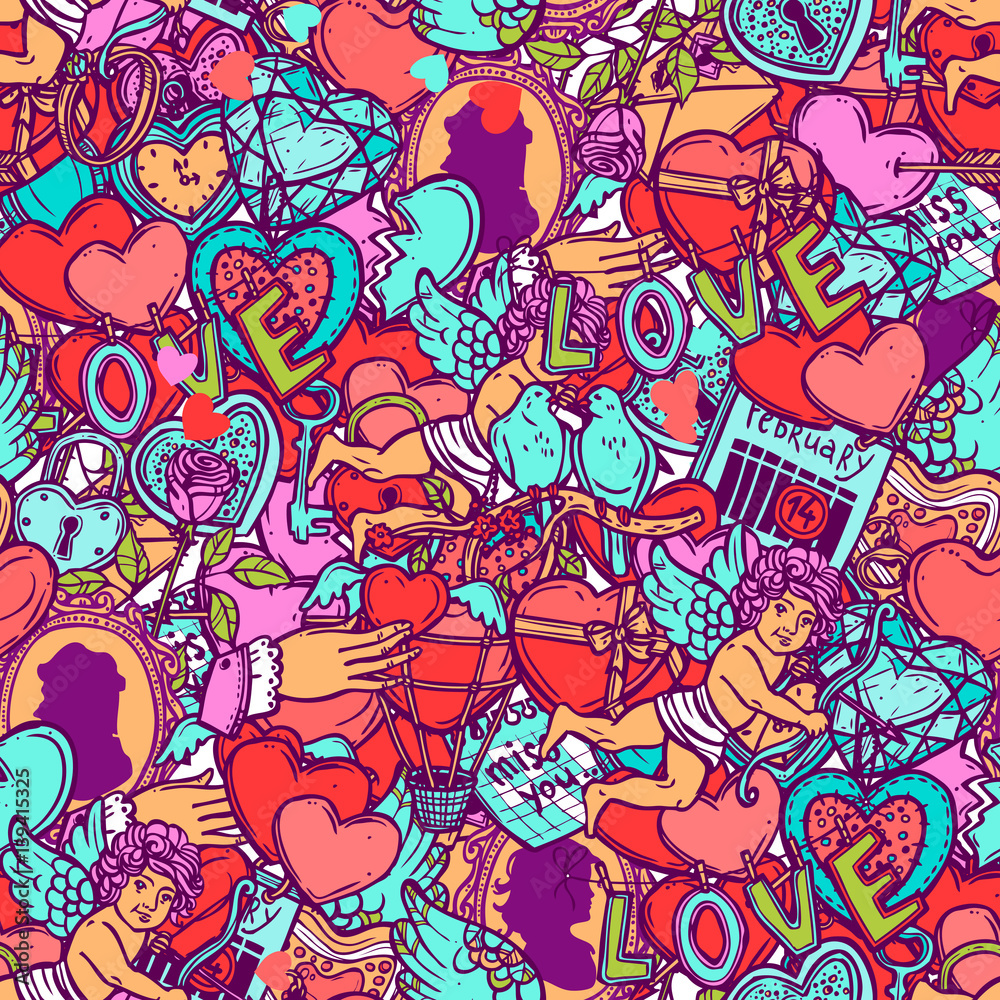 Love And Valentines Doodle Color Seamless Pattern Love And Valentines Doodle Color Seamless Pattern