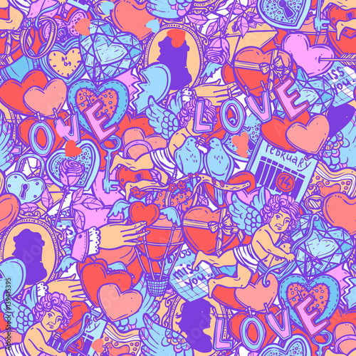Love And Valentines Doodle Hand Drawn Color Seamless Pattern