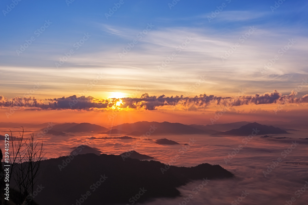 Majestic sunrise in the mountains landscape.Chiangrai, Thailand.