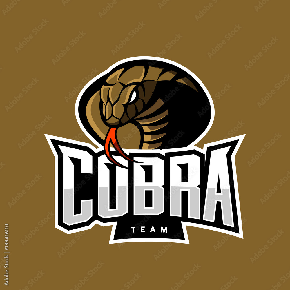Fototapeta premium Furious cobra sport vector logo concept isolated on khaki background. Military professional team emblem design. Premium quality wild snake t-shirt tee print illustration.