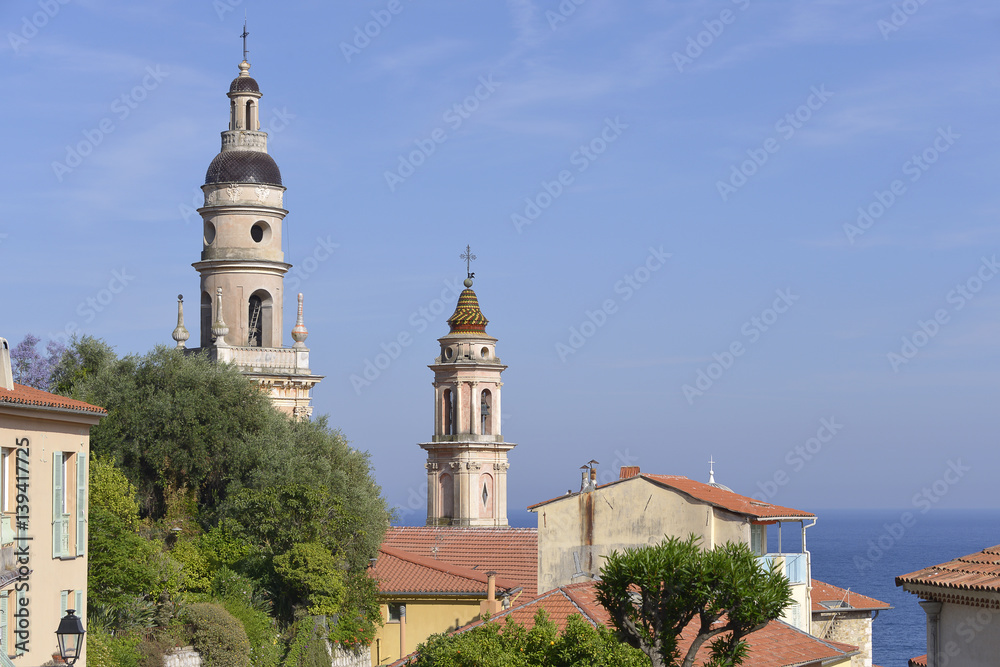 Baroque Basilica of Saint Michel Archange and roofs at Menton, a commune in the Alpes-Maritimes department in the Provence-Alpes-Côte d'Azur region in southeastern France.