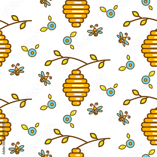 Vespiary, flowers and bees seamless vector outline pattern. Honeybees on white repeating background.