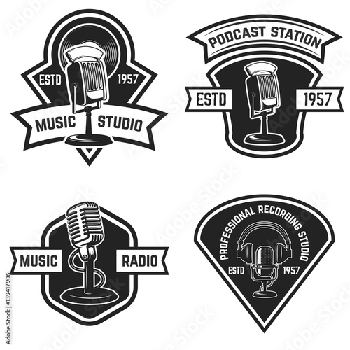 Set of  emblems with old style microphone isolated on white background. Design elements for logo, label, sign. Vector illustration