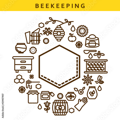 Beekeeping vector line icon honey label emblem. Outline apiary isolated objects in a circle.