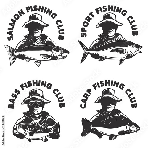Set of fishing club labels templates. Fisherman silhouette with fish. Design elements for logo, emblem, sign, brand mark. Vector illustration.