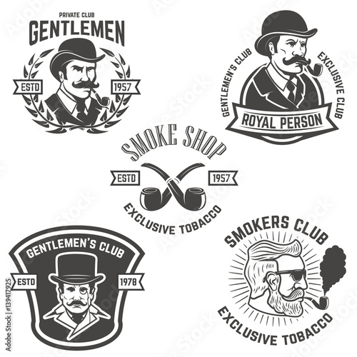 Set of  smokers club, gentlemen club labels. Design elements for logo, emblem, sign, brand mark. Vector illustration.