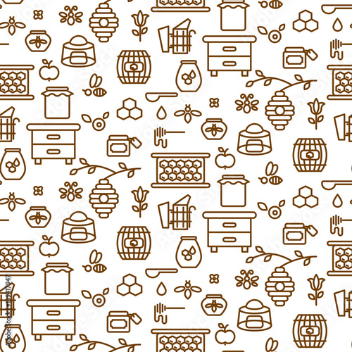 Apiary outline icon seamless vector pattern. Line style monochrome beekeeping background.