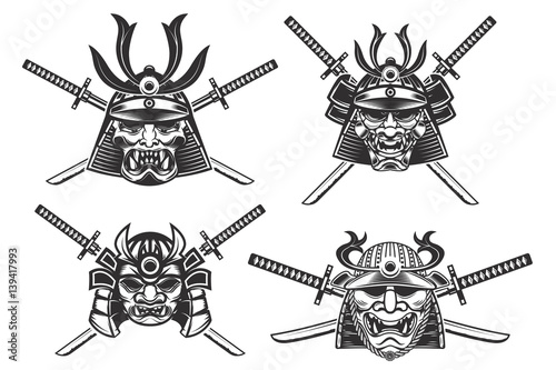 set of the samurai helmets with swords isolated on white background. Design elements for logo, label, emblem, poster, t-shirt. Vector illustration.