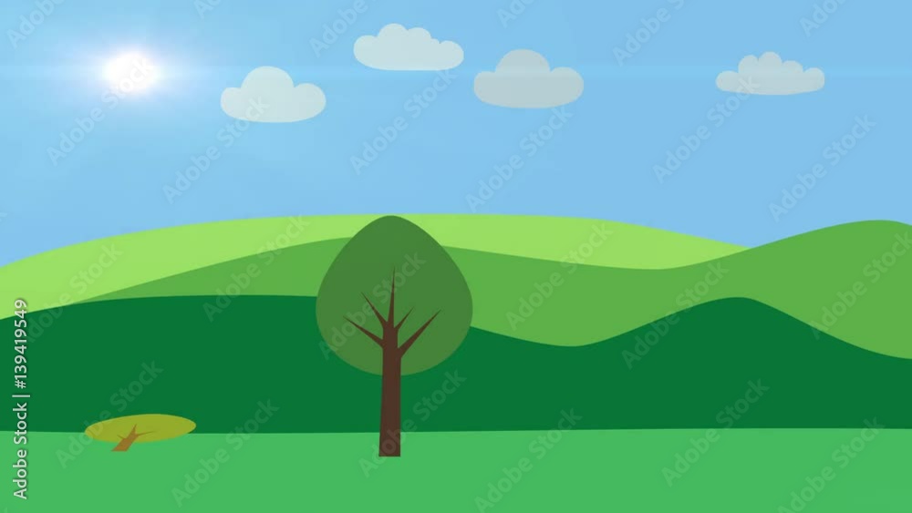 Nature with trees growing in rain and sunshine. Animated landscape with flat design. Concept of weather, change and growth.
