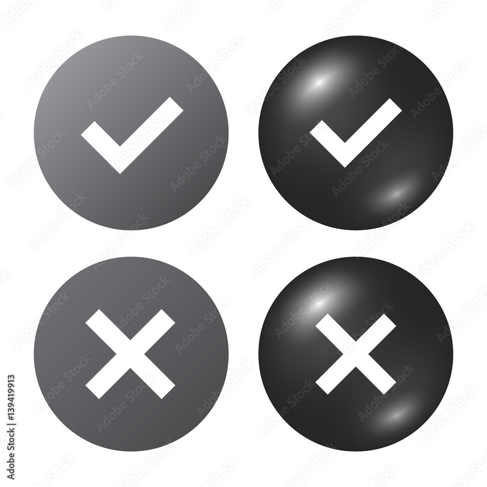 Tick and cross gray signs. Silver checkmark OK and X icons, isolated on white background. Marks graphic design. Circle symbols YES and NO button for vote, decision, web. Vector illustration Tick and cross gray signs. Silver checkmark OK and X icons, isolated on white background. Marks graphic design. Circle symbols YES and NO button for vote, decision, web. Vector illustration