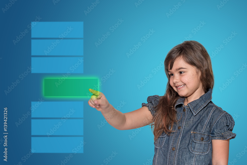 Smiling little girl is choosing from a series of rectangles the green transparent rectangle , empty and ready for your text. All is on on the blue gradient background. Smiling little girl is choosing from a series of rectangles the green transparent rectangle , empty and ready for your text. All is on on the blue gradient background.