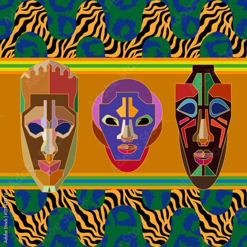 Seamless vector border with shamanic masks and animal prints.
