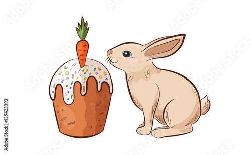 Rabbit and Easter cake with carrot on white background