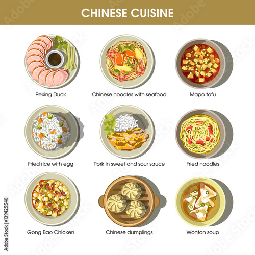 Chinese cuisine menu traditional dishes vector flat icons set