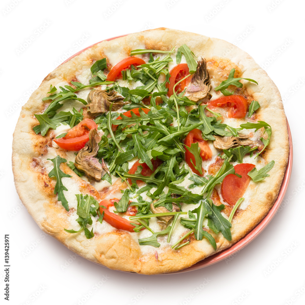 Pizza vegetariana con carciofi,rucola,pomodoro e mozzarella Pizza vegetariana con carciofi,rucola,pomodoro e mozzarella