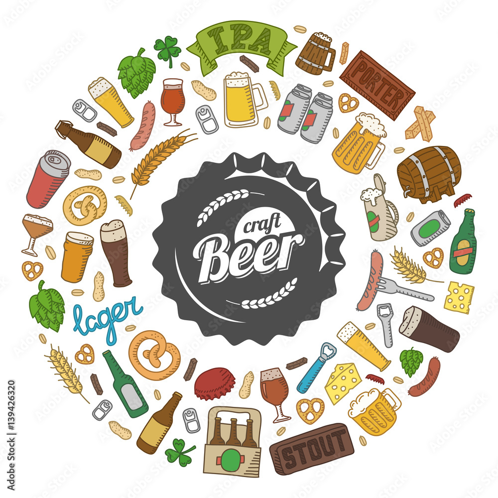 Hipster craft beer doodle poster. Vector hand drawn beer glasses, mugs, bottles, snacks, ingredients and accessories. Round composition of cartoon objects.