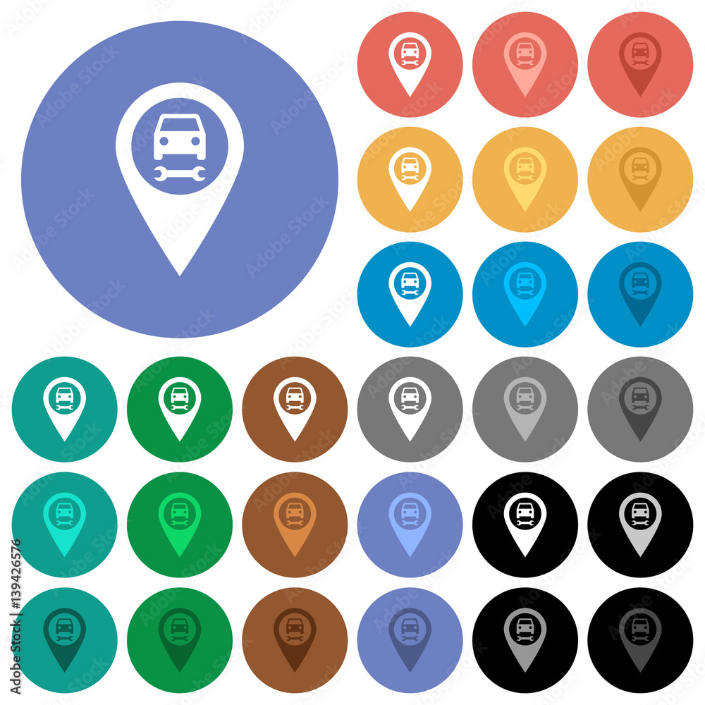Car service GPS map location round flat multi colored icons