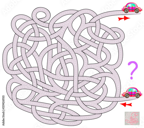 Logic puzzle game with labyrinth. Need to draw the way for car from start till end. Vector image.