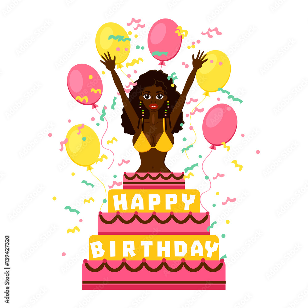 African american girl with cake, balloon and confetti. Vector illustration  with sexy girl. Happy Birthday. Holiday invitation card with female and  candy. Stock Illustration | Adobe Stock