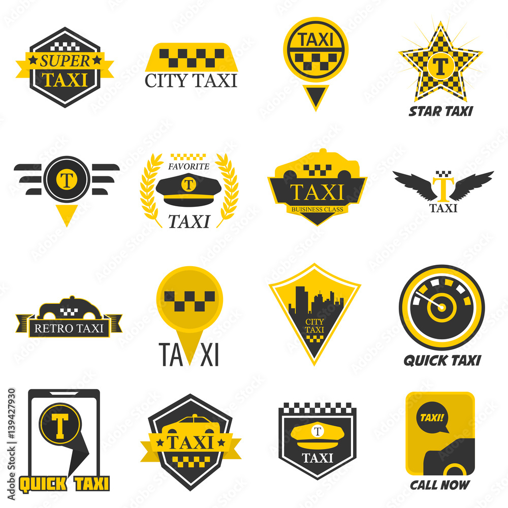 Naklejka premium Taxi web icons set yellow checkered flag, star, wings