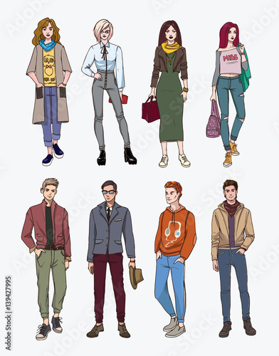 Set of hand drawn stylish young people at street. Collection fashion, trendy youth. Colorful illustration.