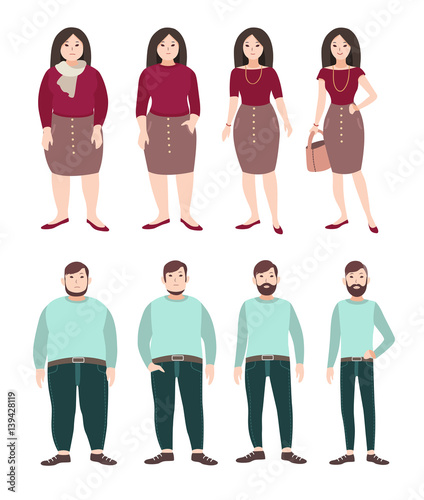 Fat and slim people. Weight loss concept. Woman and man figure. Colorful flat illustration.