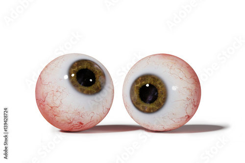 two realistic human eyeballs with brown iris isolated on white background