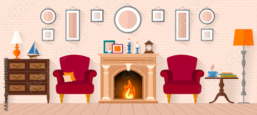 living room with furniture and fireplace. Flat style illustration. Image Interior Design.