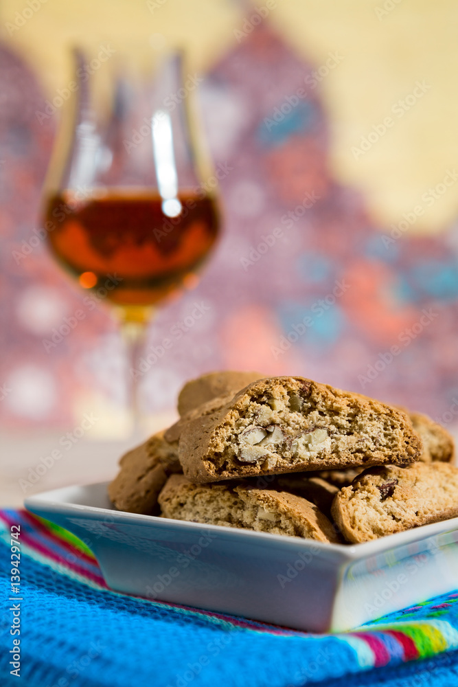 Closeup of Italian cantucci biscuits on a blue napkin Closeup of Italian cantucci biscuits on a blue napkin