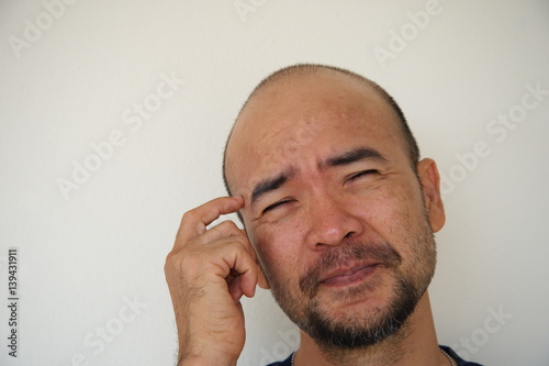 japanese bald beard man funny thinking action on white background
