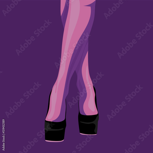 fashion illustration of slim female legs in black shoes with heels with red soles on a purple background. vector