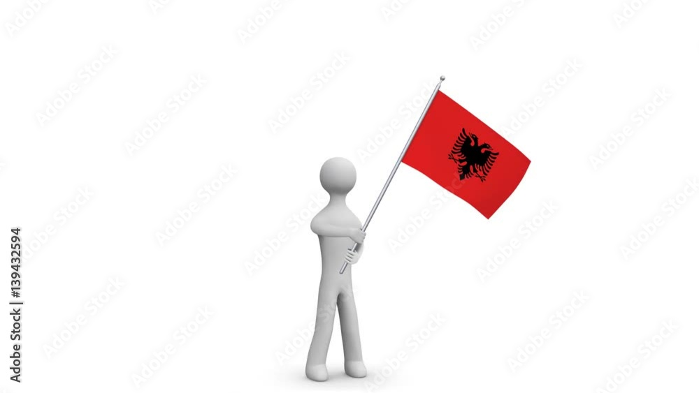 Albania waving flag. 3d Man holding and waving Albanian flag on transparent background. Loop. Alpha channel. 4k. Albania waving flag. 3d Man holding and waving Albanian flag on transparent background. Loop. Alpha channel. 4k.