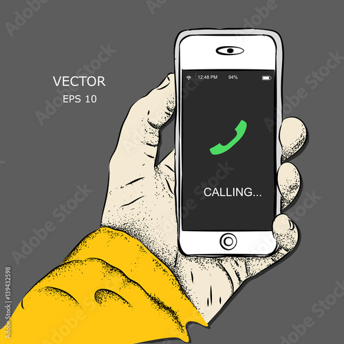 Smartphone in hand. Vector illustration of calling displayed on the phone screen. Vector illustration