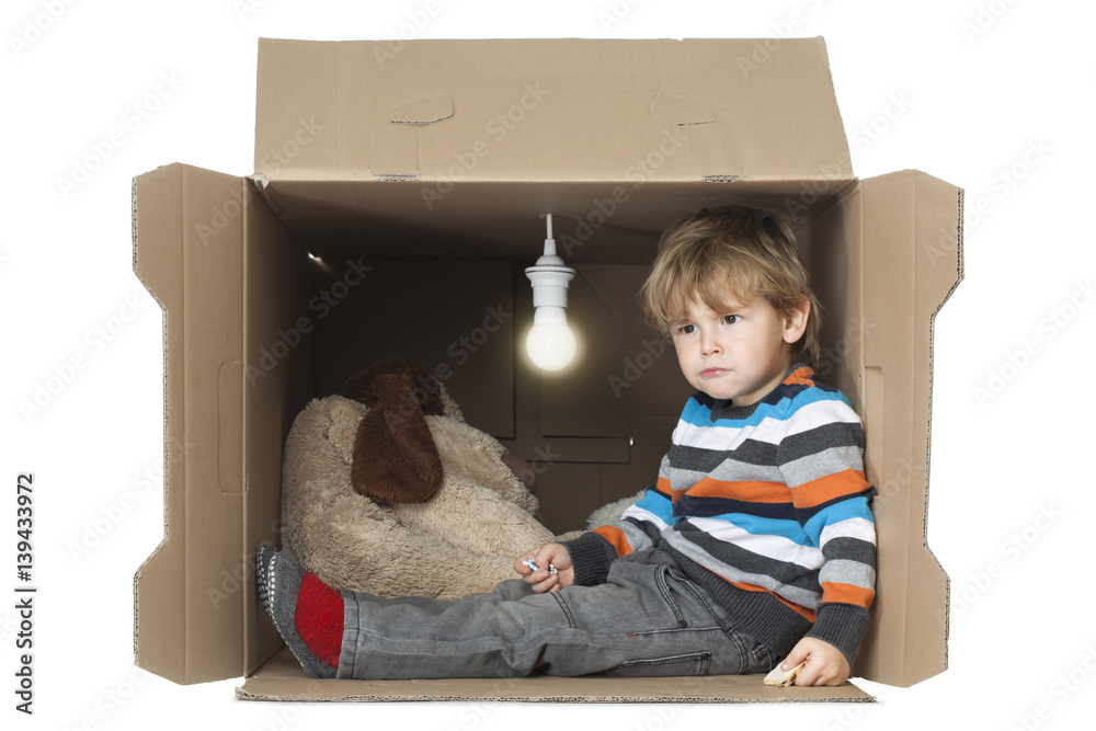 Ταπετσαρία Cute Toddler Boy with his Stuffed Toy in Cardboard Box with Bare Light Bulb, rep