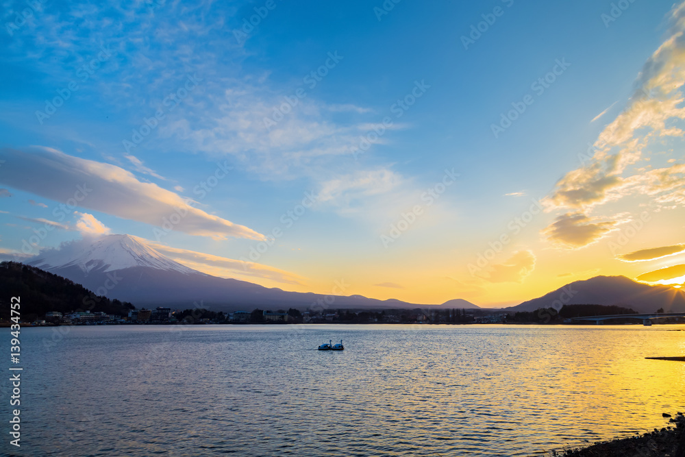 The Mt.Fuji and Lake Kawaguchiko.It's time for dusk.The shooting location is Lake Kawaguchiko, Yamanashi prefecture Japan.