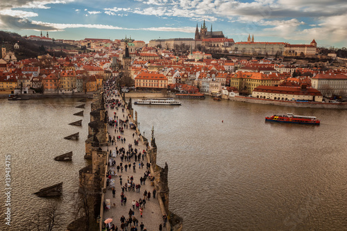 Pargue , wiew of the Lesser Bridge Tower of Charles Bridge Karluv Most and Prague Castle.