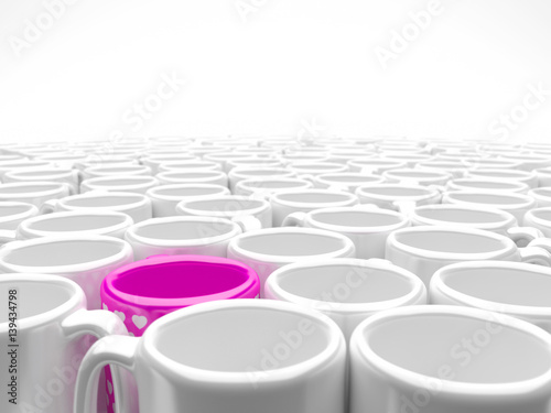 an array of shiny white mugs and one pink mug with white hearts - blending into a white background  - with depth of field effect