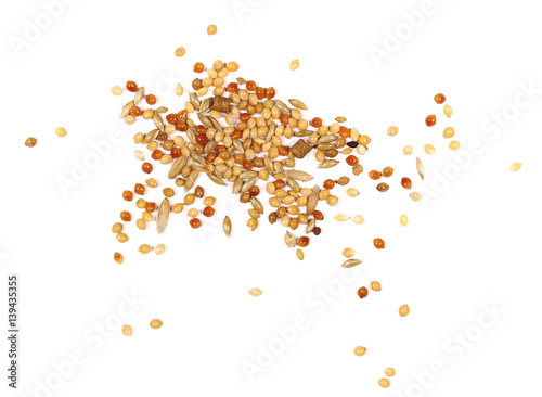 Mixed bird seed isolated on white, top view