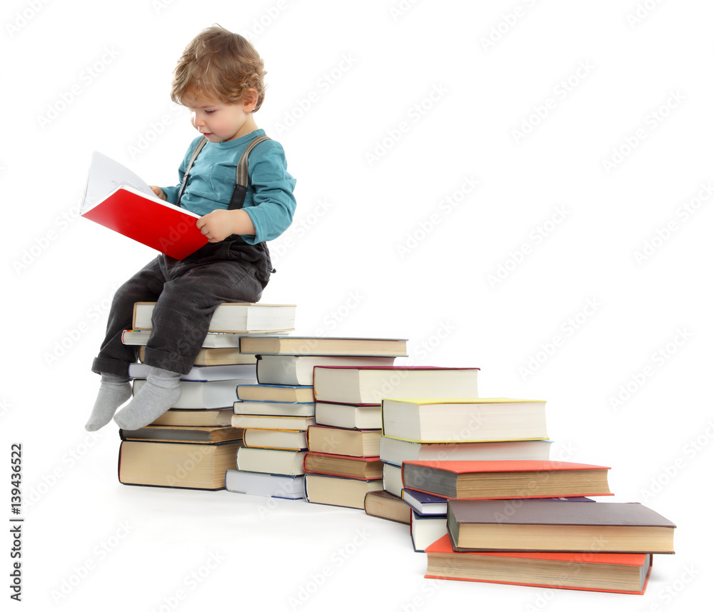 Cute Boy and Educational Knowledge Concept series, Big Staircase, Steps of Books, Isolated on White Background Cute Boy and Educational Knowledge Concept series, Big Staircase, Steps of Books, Isolated on White Background