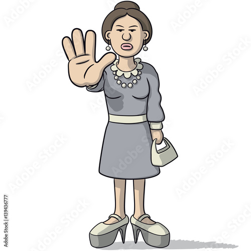 cartoon woman with hand stop sign