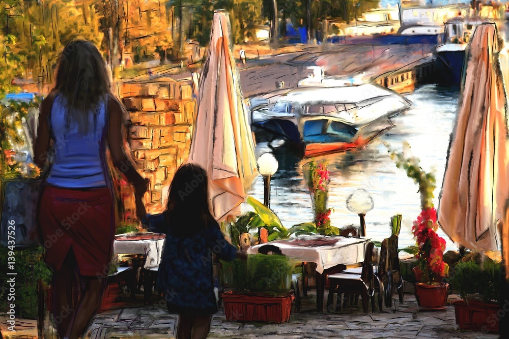 silhouette of woman and child walk in town of Nesebar, art lines and watercolors painting background
