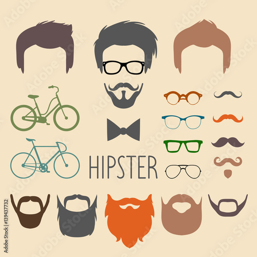 Big vector set of dress up constructor with different men hipster haircuts, glasses, beard,mustache,bikes in tflat style photo