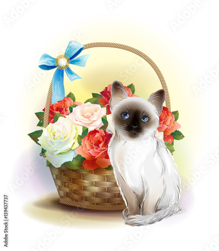 Happy birday card. Siamese kitten and basket with violets. photo