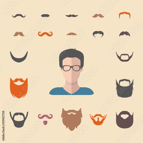 Big vector set of dress up constructor with different men hipster beard, mustache. Flat male faces icon creator.