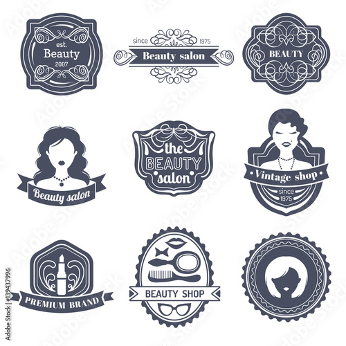 Vector set of hipster woman logo of beauty salon or vintage shop. Retro icons collection in flat style.