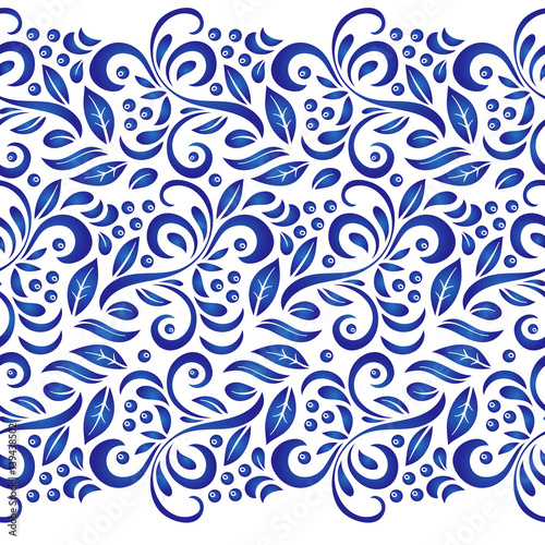 Traditional Russian vector seamless pattern in gzhel style. Can be used for banner, card, poster, invitation, label etc.