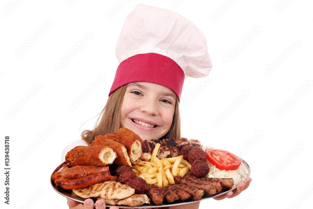 little girl cook with grilled meat on plate little girl cook with grilled meat on plate