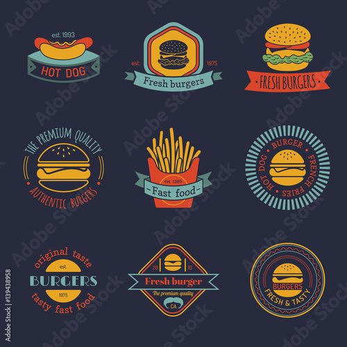 Vector vintage fast food logo set. Retro eating signs collection. Bistro, snack bar, restaurant, american diner icons.